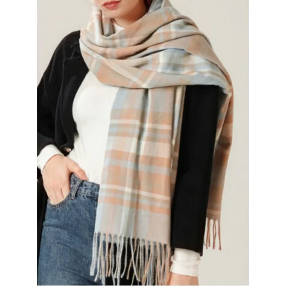 Light blue and light brown plaid soft scarf